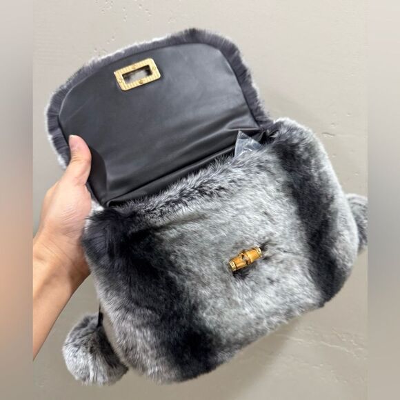 Gray Handmade Real Rex Rabbit Fur Handbag & 2 Fur Balls Charm & 2 Strap Styles - Picture 11 of 15